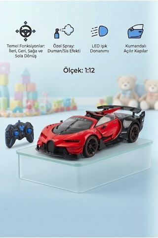 1:12 Ölçek 8 Fonksiyonlu Bugetti Chiron Tasarımlı Duman Efektli Uzaktan Kumandalı Yarış Arabası Kırmızı