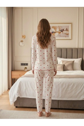 Kadın Kalp Desenli Kurdele Detaylı 2'li Pijama Takım Kırmızı