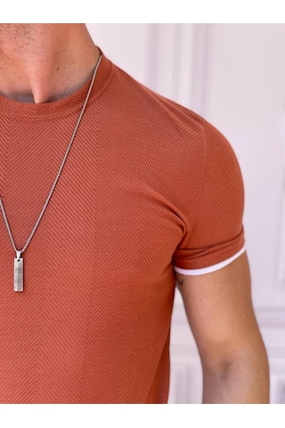 Modefendi Slim Fit Örgü Desen Pamuklu Parçalı Tshırt Kiremit