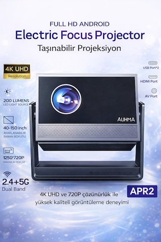 Android 4k Destekli Taşınabilir Projeksiyon Cihazı Electric Focus 200 Lumen Wifi 2.4g/5g 150 İnç