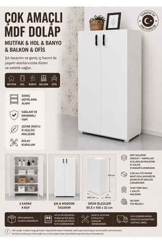 Renazzo %100 Mdf Çok Amaçlı Dolap Mutfak Banyo Balkon Antre Beyaz