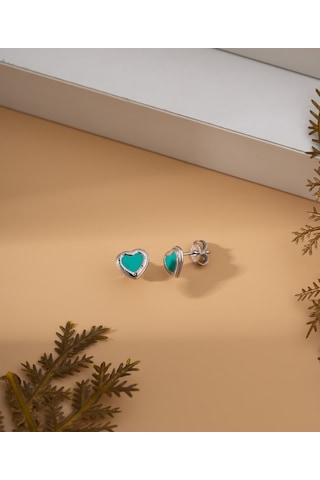 925 Ayar Turkuaz Mineli Rodyum Kalp Çivili Gümüş Küpe Re10219