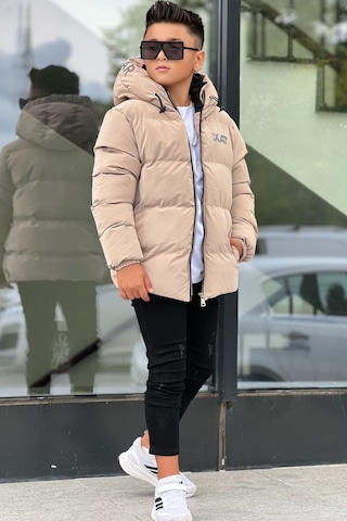 Pina Kids Erkek Çocuk Kapüşonlu Baskılı Reflöktör Detaylı Nova Kumaş Kışlık Şişme Mont Km4017 Bej