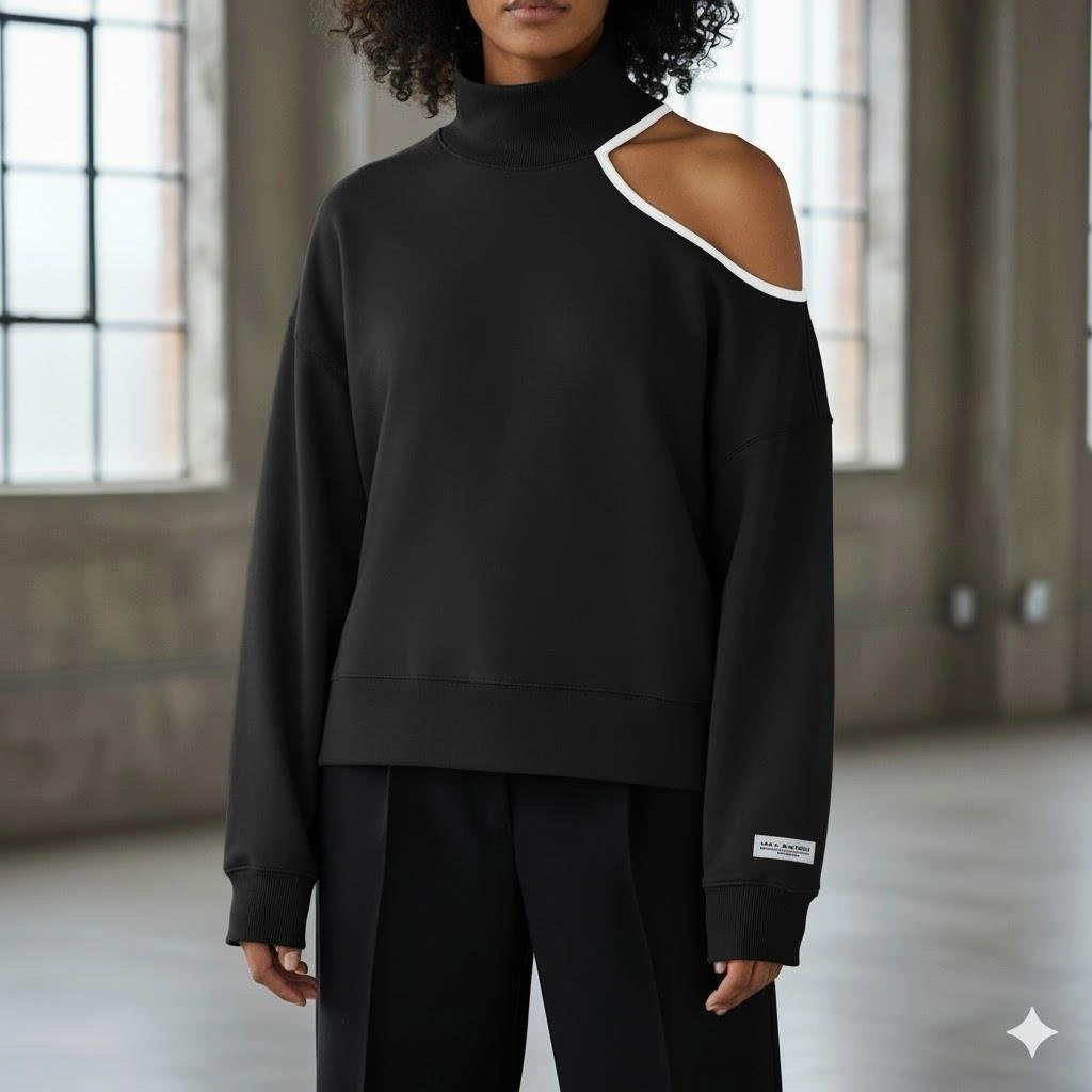 Afri Modern Açık Omuz Tek Omuz Balıkçı Yaka Kadın Sweatshirt - Siyah Rengi Siyah