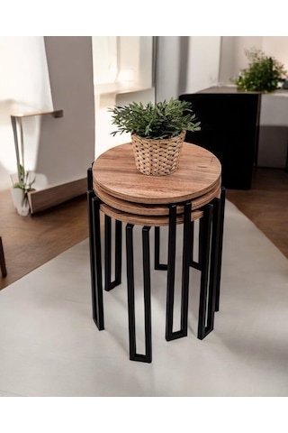 3 Lü Zigon Sehpa Metal Ayaklı Çam Ahşap Yuvarlak Misafir Sehpası