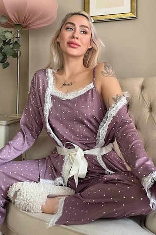 Dgestivaa Kadın 3'lü Pijama Takımı Mor Beyaz