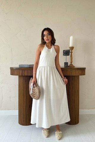 Defymoda Bej Arkası Gipeli Keten Elbise Bej