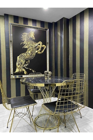 Avvio 90x90 Mira Siyah Mermer &4 Tel Ince Gold Mutfak Masa Takımı Siyah