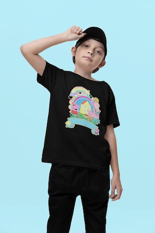 Sevbano Tasarım Peppa Pig Baskılı Unisex Çizgi Film Çocuk Tişört 1-12 Ya Siyah