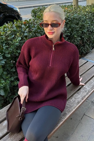 Madmext Bordo Fermuar Yaka Basic Kazak Mg1960 Bordo