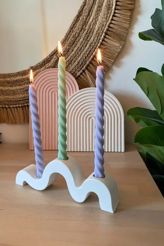 Modern Dalga Tasarımlı 3 Lü Beton Mumluk Şamdan - Dekoratif El Yapımı Masa Üstü Mumluk Beyaz