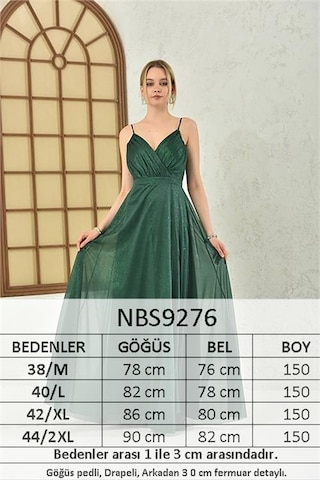 Neşeli Butik Kadın Zümrüt Yeşil Simli Kumaş Askılı Uzun Abiye Nbs9276 Zümrüt Yeşili