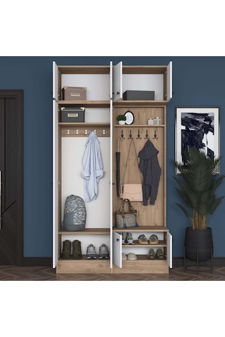 Rani Ea144 Modern Portmanto Raflı Ayakkabılık Vestiyer Sepet Ceviz - Beyaz Beyaz - Sepet Ceviz