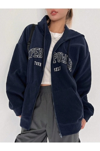 Süper Power Hırka - Lacivert Baskılı Oversize Kapüşonlu Lacivert