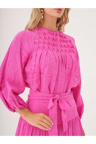 Büzgü Detaylı Kuşaklı Viskon Ve Keten Karışımlı Bluz FUŞYA