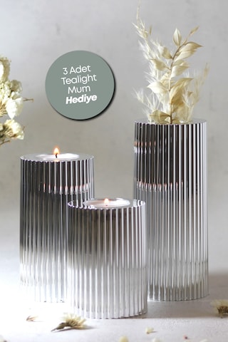 3 Lü Silver Gümüş Krom Tırtıklı Yüzey Mumluk Dekoratif Tealight
