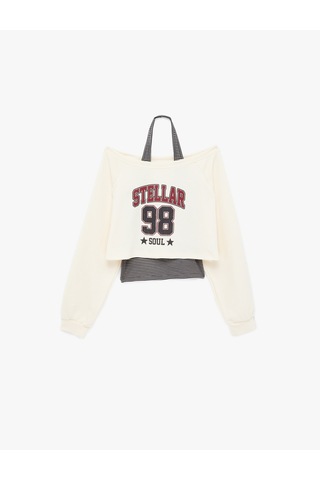 Koton Rahat Kalıp Uzun Kollu Boyundan Bağlama Detaylı Crop Baskılı Sweatshirt Ekru 6sal10378ık