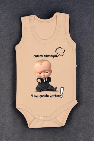 Bebetospik %100 Pamuk 9 Ay İçeride Yattım Baskılı Zıbın & Body Bej