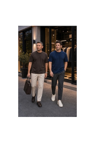 Modi Green Premium Oysho Model 2'li Unisex Regular Oversize Sıfır Yaka Tişört - Kahverengi - Lacivert