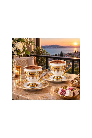 6 Lı Ayaklı Porselen Kahve Fincanı Takımı Siyah Gold Desenli 6 Kişilik Şık Sunum Seti Altın
