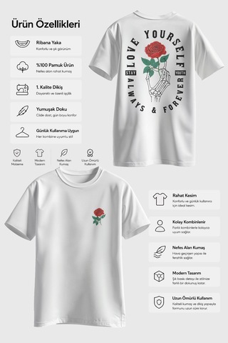 Spoyi Forever Rose Tasarımlı %100 Pamuk Yarım Oversize Beyaz T-shirt