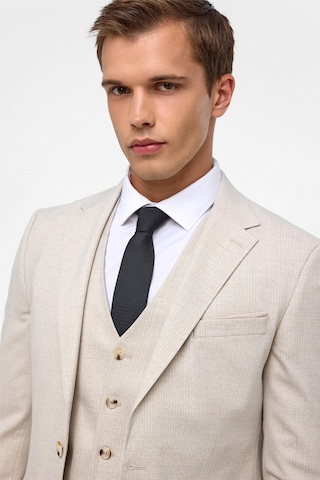 Süvari Ekru Slim Fit Desenli Mono Yaka 6 Drop Yelekli Klasik Takım Elbise