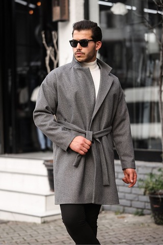 Mero Life Erkek Gri Kemerli Oversize Rahat Kesim Kaşe Kaban Gri