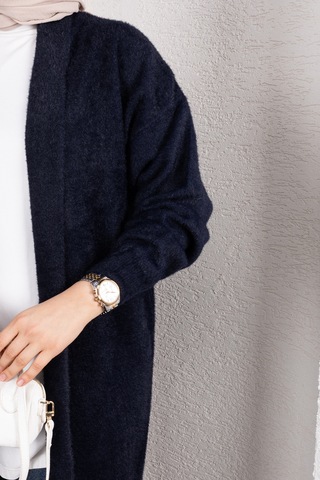 Hira Life Fashion Kadın Şal Yaka Uzun Triko Ve Sakallı Tüylü Hırka Lacivert Lacivert