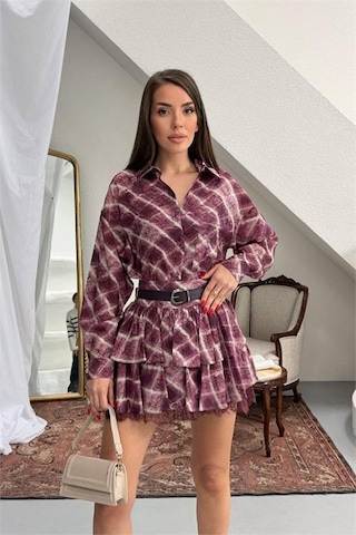 Neşeli Butik Kadın Bordo Gömlek Yaka Kat Kat Ekose Desen Mini Elbise Nbnp025 Bordo