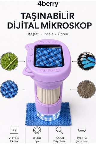 4berry Taşınabilir Fotoğraf Çekebilen Dijital Mikroskop 1000x 2.4 Ips Ekran, 2 Mp Kamera, 8 Led Işık, Type-c Şarjlı Mor