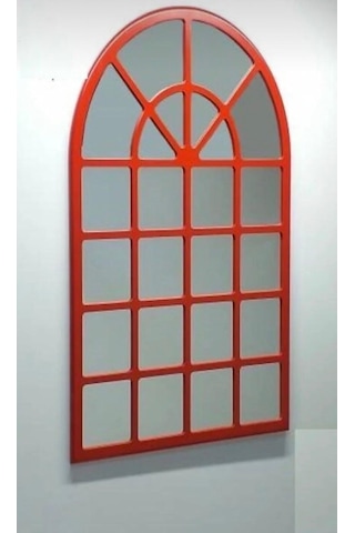 Peak Dizayn Pencere Model Duvar Aynası 123x70 Cm Dekoratif Salon Aynası Modern Bölmeli Çerçeveli Duvar Aynası Antre Dresuar Aynası Kırmızı