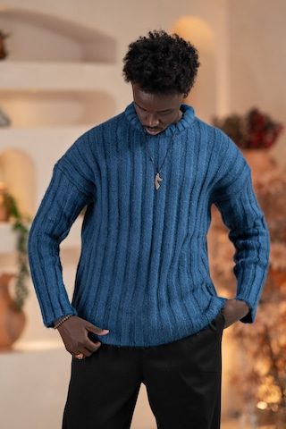 Oversize Kendinden Çizgili Pamuklu Kalın Triko Spor Kazak Indigo