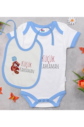 Bk Kids Küçük Kahraman Tasarımlı Mavi Bebek Body Zıbın Ve Mama Ön Çok Renkli