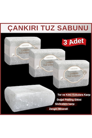 Hanzade Bitkisel Çankırı Tuz Sabunu 300-350 Gr X 3 Adet Zengin Mineralli Doğal Saf Çankırı Kaya Tuzu Sabunu Acı Badem