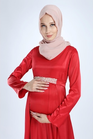 Moda Labio Modalabio Saten Tesettür Incili Kırmızı Hamile Elbise