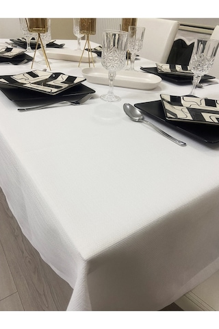 Keten Görünümlü Dertsiz Salon Masa Örtüsü Beyaz 13 Parça