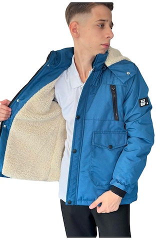 Erkek Çocuk Fermuar Torba Cepli Fermuar Çıtçıt Kapamalı Peluş Astarlı Kapüşonu Çıkabilen Mavi Mont Mavi