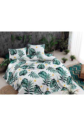 Baskılı Pike Takımı Çift Kişilik Monstera Yeşil Yeşil