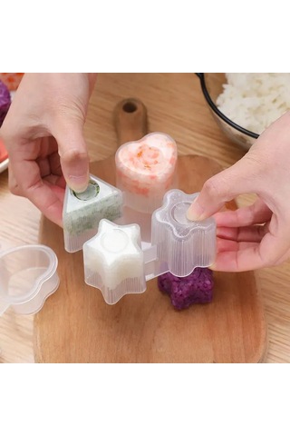 Kangvka Plastik Züccaciye Seti - Kaliteli Yemek Dereceli Malzeme İle 4 Farklı Şekil Kalp, Çiçek, Üçgen, Yıldız İle Pratik Sushi Ve Onigiri Yapımı Şeffaf - Beyaz