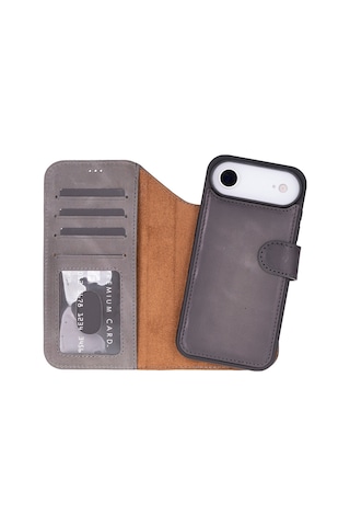 Bloomcase Magic Wallet Ash Mist Gray Hakiki Deri İphone Uyumlu 17 Air 6.5" Cüzdanlı Telefon Kılıfı Gri
