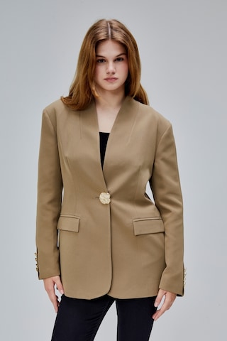 Koyu Haki Salaş Kesim Düğme Detaylı Dokuma Blazer Ceket Koyu Haki