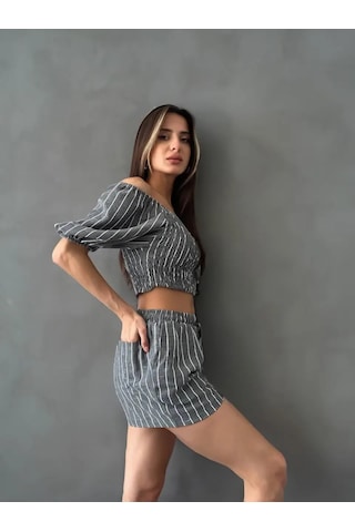Adisia Kadın Antrasit Ikili Keten Crop Şort Astarlı Alt Üst Takım Antrasit