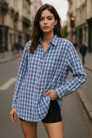 Kadın Mavi Beyaz Oversize Ekoseli Gömlek Over Fit Relaxed Gömlek Çok Renkli