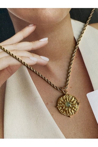 Su Yeşili Taşlı Kutup Yıldızı Gold Paslanmaz Çelik Kadın Kolye Altın