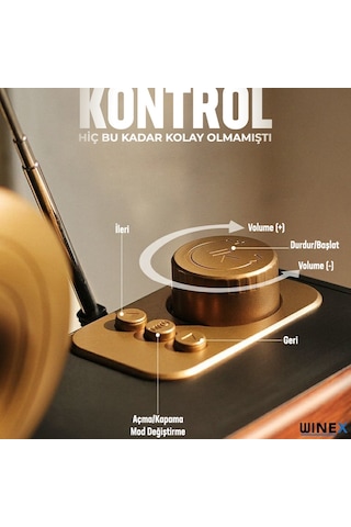 Winex Çift Hoparlörlü Gramafon Speaker Bluetooth Hoparlör Fm Radyo + Sd Kart + UsbA + 3.5 MM Aux Girişli