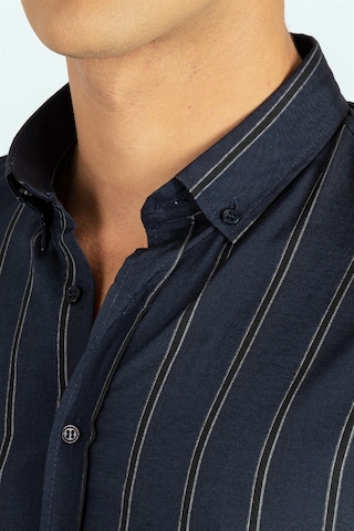 Tudors Slim Fit Düğmeli Yaka Pamuklu Kolay Ütü Çizgili Erkek Gömlek-24822-lacivert Lacivert