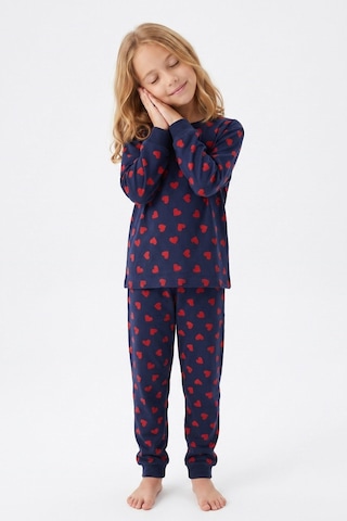 Bunny Hopp Kız Çocuk Uzun Kollu Pijama Takımı %100 Pamuk Lacivert Kırmızı Kalpli Penye