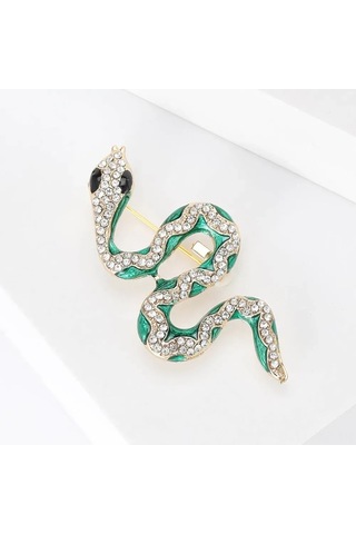 Mufunye Зеленый Змеиный Дизайн Брошь С Искусственным Горным Хрусталем - Повседневный Ювелирный Украшение Çok Renkli