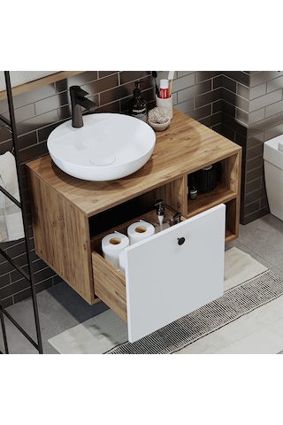 Ayaksız Lavabolu Mdf 75 Cm Çekmeceli Banyo Dolabı Atlantik Çam - Beyaz