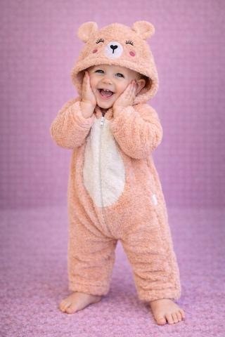 Kışlık Tatlı Ayıcık Figürlü Kapüşonlu Peluş Bebek Tulum Somon